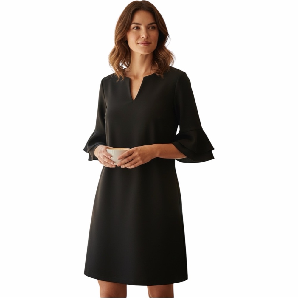 CK Bradley Black V-Neck 3/4 Bell Sleeve Above Knee Dress With Stretch Size Large